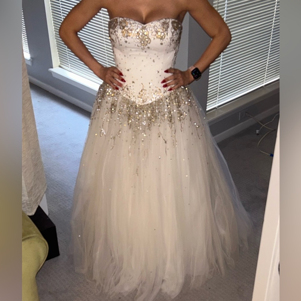 White strapless beaded pageant, quincenera, wedding ballgown